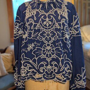 Boho blue and cream embroidered long sleeve top